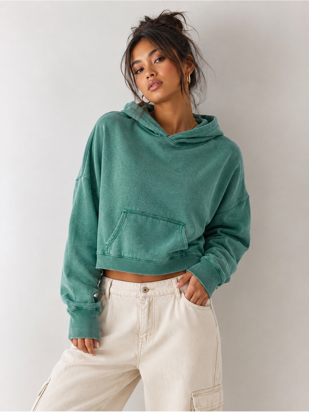 American Eagle Oversized Cropped Hoodie Green Terry Wash Sweatshirt Medium